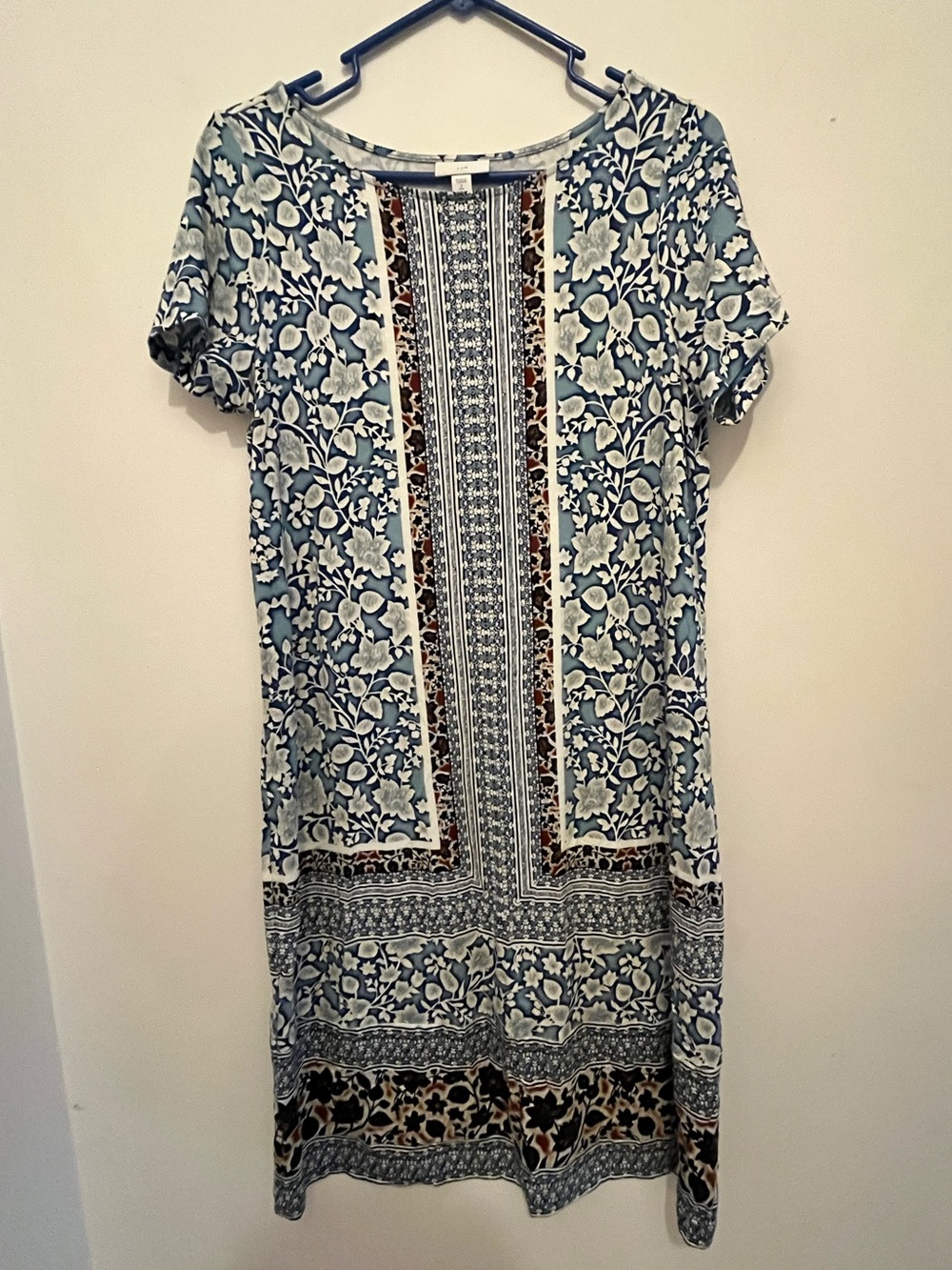 J.Jill Floral Border Print Short Sleeve Shift Dress - Blue & Cream